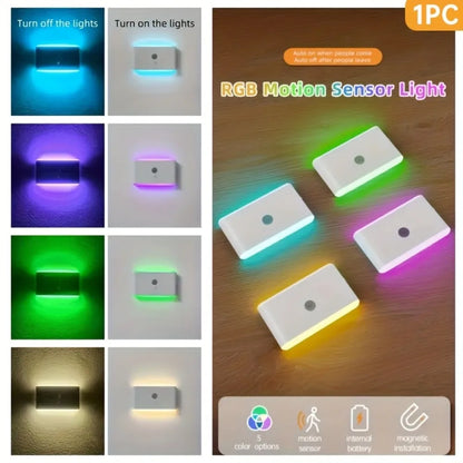 1pc USB Rechargeable LED Motion Sensor Light - Wall-Mounted, RGB Night Lighting for Corridors, Storage, Closets, Kitchens,